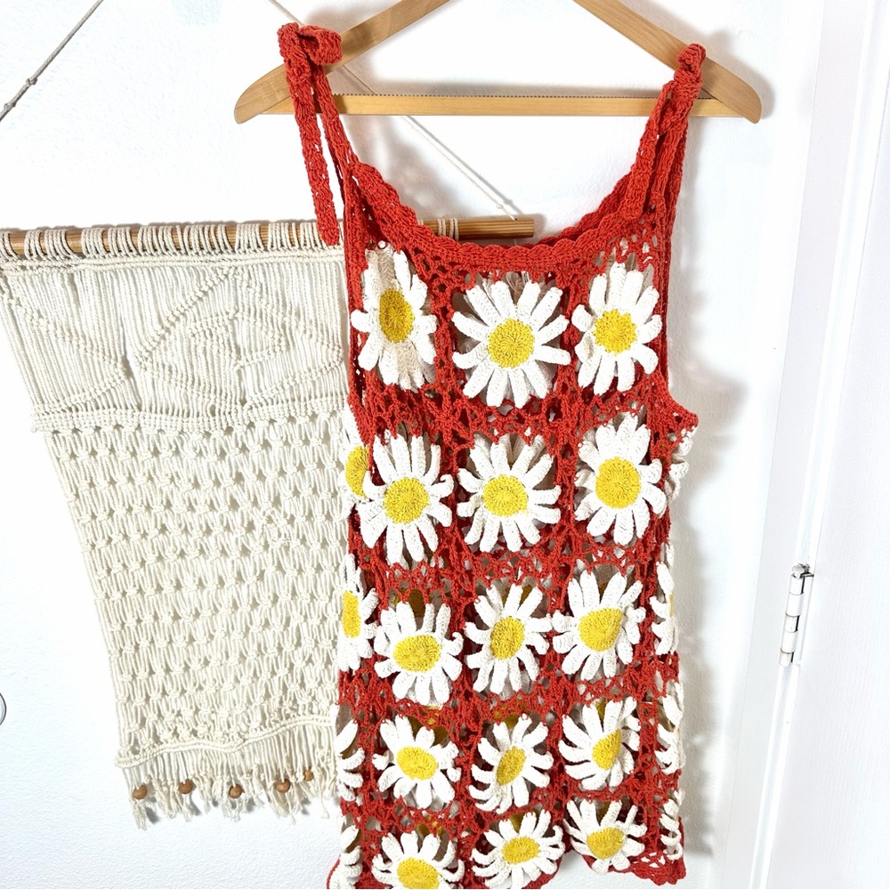 🌼 Anthropologie Floral Daisy Orange White Sun Flower Crochet Beach Dress M/L - Picture 10 of 10
